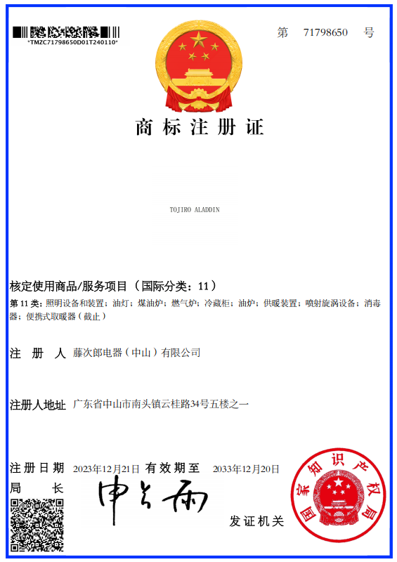 TOJIRO Trademark Registration Certificate